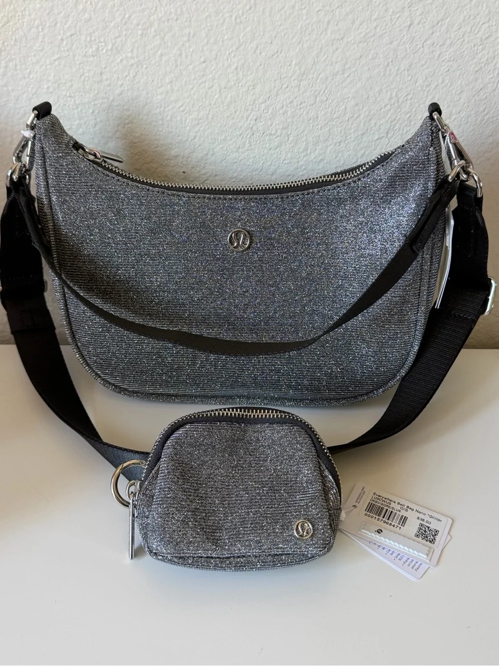 lululemon athletica Silver Glitter Shoulder Bag with Mini Pouch